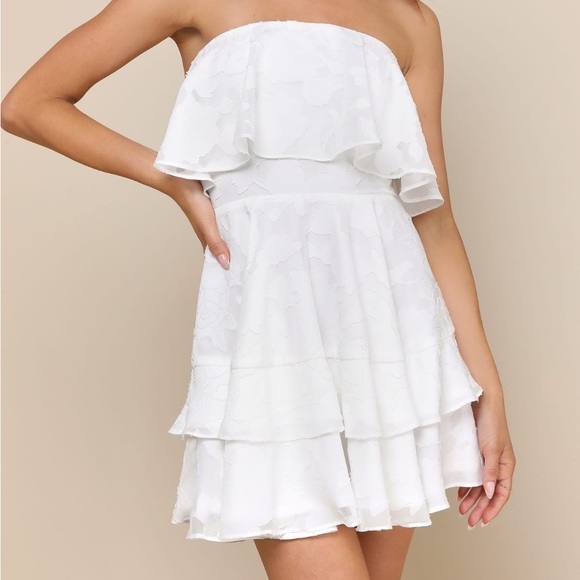 Lulu's True Lover White Burnout Floral Ruffled Strapless Mini Dress - Picture 2 of 4